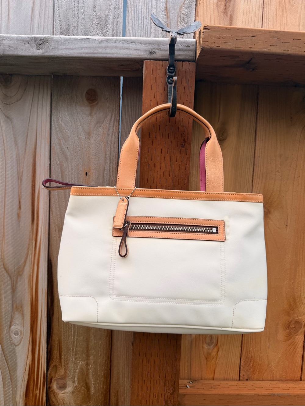 Vintage Coach Tote with Tan Leather Trim and Pink Interior Accent